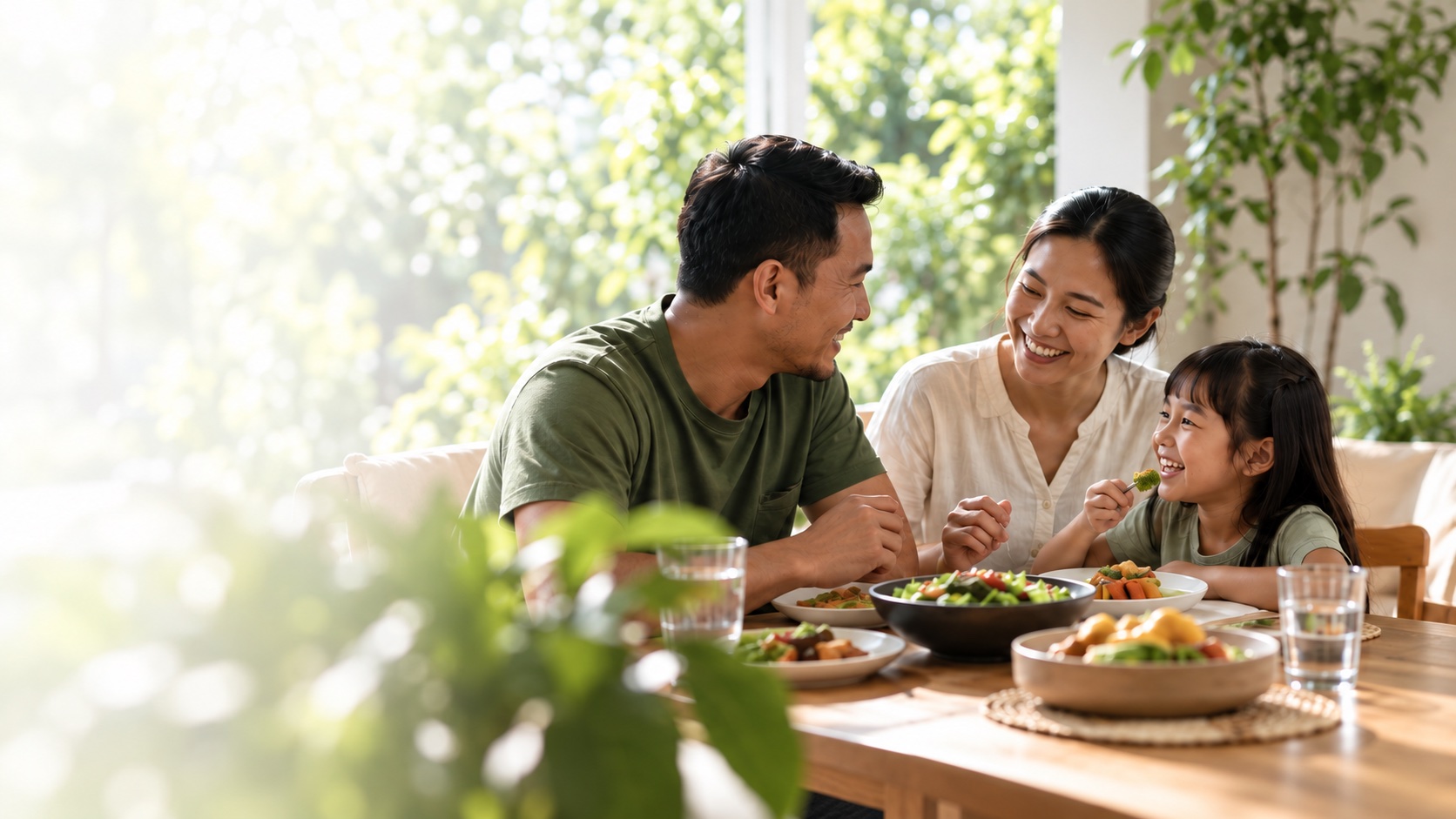 Keluarga Indonesia menikmati waktu makan bersama di rumah yang terang